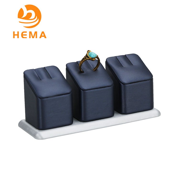 Blue Leather 3 Clips Jewelry Ring Display Stand Set